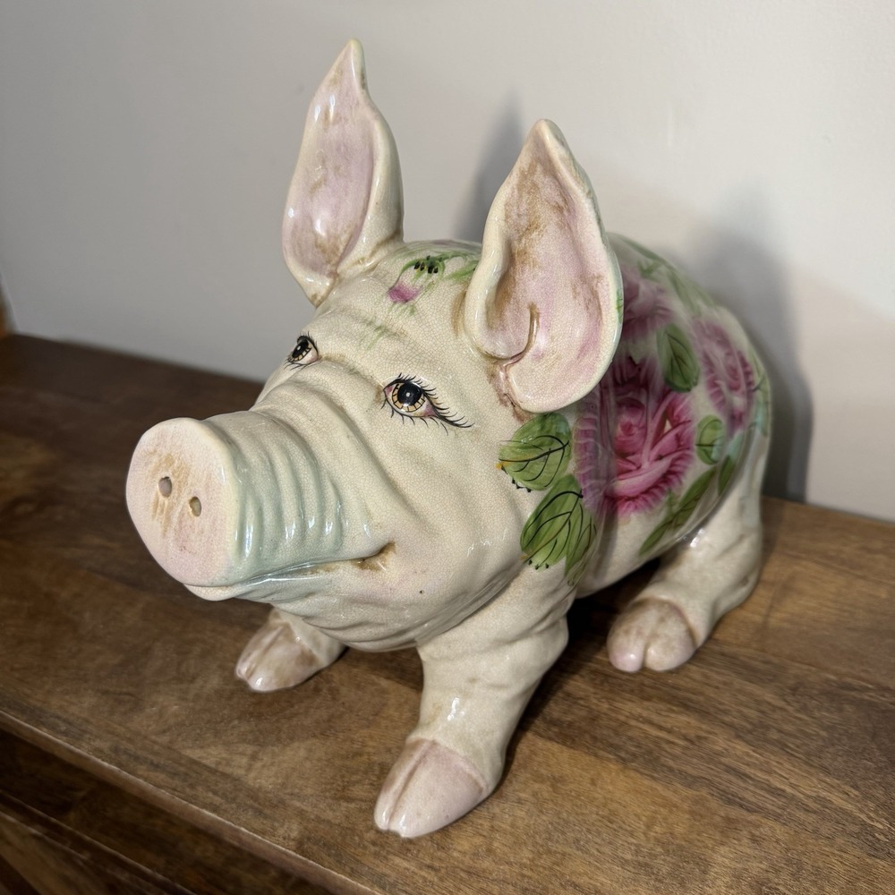 Wemyss Ware Style Large Vintage Pig Cabbage Rose Art Pottery Good Condition